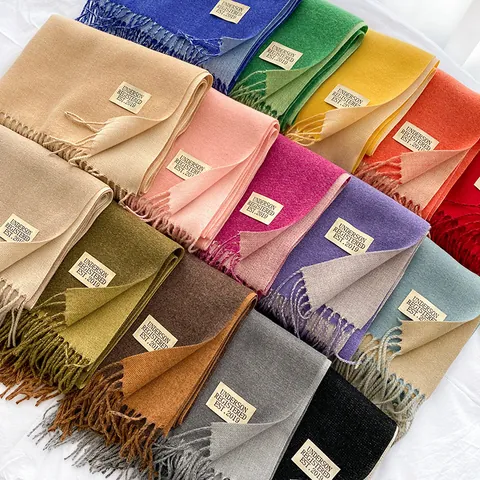 Bufanda de Mujer Color Sólido Imitación Cachemira de Viscosa Chal Cálido Doble Cara Con Borlas Pashmina Elegante para Otoño Invierno