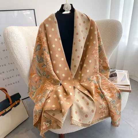 Sciarpa da Donna Vintage Etnica Floreale Scialle a Pois Doppia Faccia Con Nappine Calda in Fibra di Viscosa