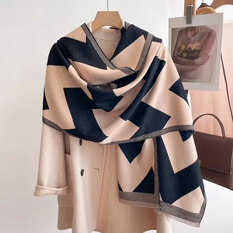 Dames Winter Warme Sjaal Dikke Imitatie Kasjmier Omslagdoek Geometrisch Golfpatroon Met Kwastjes Zachte Grote Sjaal