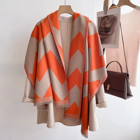 Dames Winter Warme Sjaal Dikke Imitatie Kasjmier Omslagdoek Geometrisch Golfpatroon Met Kwastjes Zachte Grote Sjaal