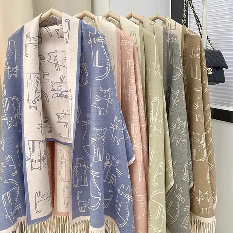 Cute Cartoon Cat Jacquard Scarf Women Winter Warm Imitation Cashmere Thick Double Sided Long Shawl Wrap With Tassels