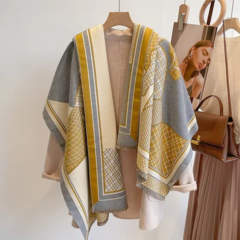 Lussuosa Sciarpa in Finto Cashmere Invernale da Donna Calda Spessa Motivo Cavallo Double Face Scialle con Frange Elegante Sciarpa Lunga
