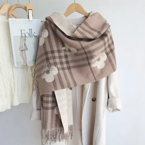 Eleganter Karierter Blumendruck Kaschmir-Imitat Schal Für Damen Winter Verdicktes Warmes Quasten Umschlagtuch Mode Accessoires