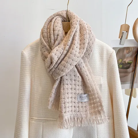 Women's Korean Fashion Hollowed-out Wool Blend Scarf Winter Thick Warm Tassel Shawl Minimalist Knitted Wrap For Lady