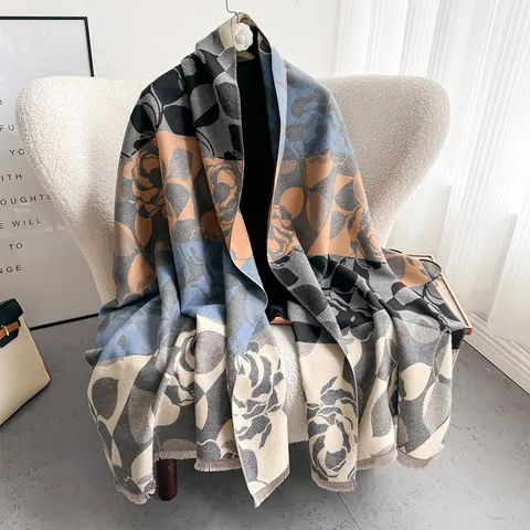 Bufanda de Jacquard Floral para Mujer Chal de Viscosa Grueso y Cálido Con Borde de Borlas Elegante Envoltura de Invierno