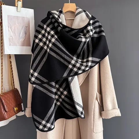 Classic Plaid Imitation Cashmere Scarf For Women Soft Warm Winter Shawl With Whipstitch Edge Large Wrap Fashion Neck Warmer