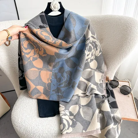 Bufanda de Jacquard Floral para Mujer Chal de Viscosa Grueso y Cálido Con Borde de Borlas Elegante Envoltura de Invierno