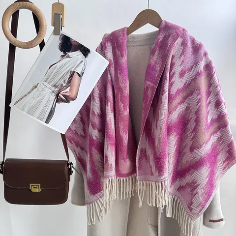 Women Ethnic Style Zigzag Pattern Scarf Shawl Imitation Cashmere Thickened Warm Geometric Wave Scarf With Tassels For Autumn Winter