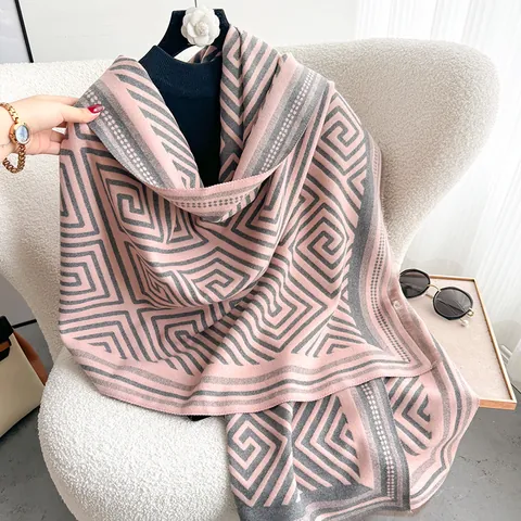 Women Geometric Maze Pattern Scarf Viscose Imitation Cashmere Tassel Shawl Winter Warm Soft Pashmina Style Thick Wrap Lady