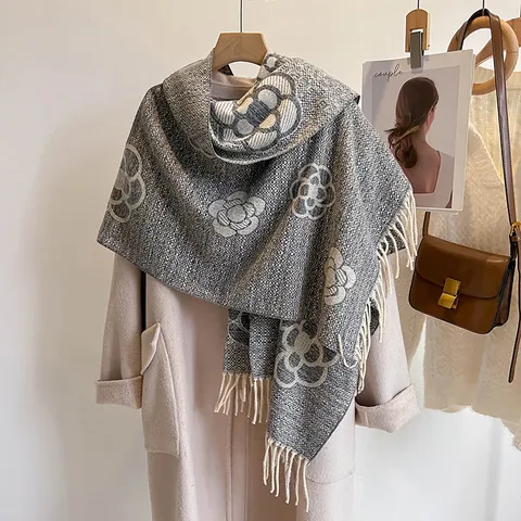 Damen Mode Kamelie Jacquard Schal Verdickter Warmer Winter Umhang Mit Quasten Eleganter Vintage Stil Große Blumen Umhüllung Für Den Alltag