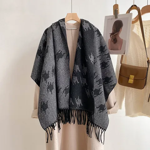 Sciarpa Invernale da Donna Pied de Poule Ispessita Calda Sciarpa Jacquard con Nappine Scialle Double Face Viscosa Effetto Cashmere