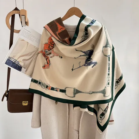 Vintage Pferdemuster Schal Für Damen Winter Dick Warm Schultertuch Elegant Reitsport Print Pashmina Wickel Mode Accessoires Geschenk