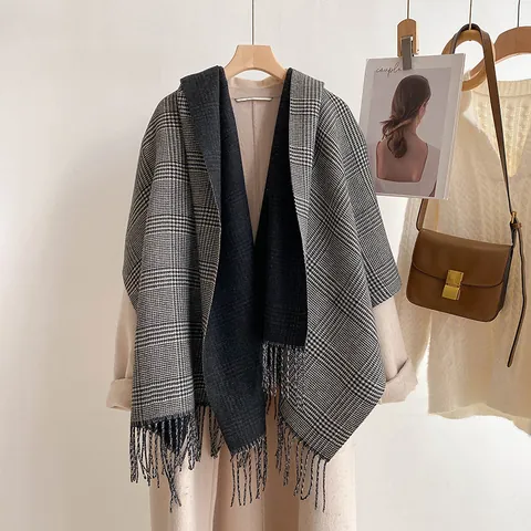Dames Dubbelzijdige Geruite Imitatie Kasjmier Sjaal Winter Dikke Warme Omslagdoek Wrap Met Kwasten Zachte Hahnentritt Pashmina Voor Kantoor