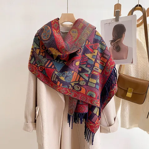 Thick Warm Winter Scarf Women Vintage Ethnic Paisley Geometric Jacquard Tassel Shawl Bohemian Large Pashmina Wrap Soft Viscose