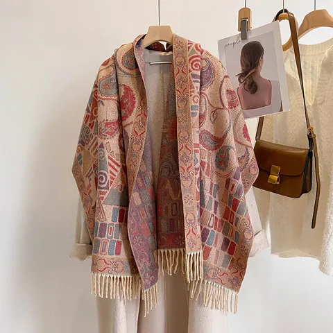 Thick Warm Winter Scarf Women Vintage Ethnic Paisley Geometric Jacquard Tassel Shawl Bohemian Large Pashmina Wrap Soft Viscose