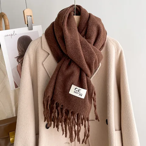 Solid Color Faux Cashmere Scarf For Men Women Thick Warm Winter Long Tassel Wrap Shawl With Label Stylish Neck Warmer