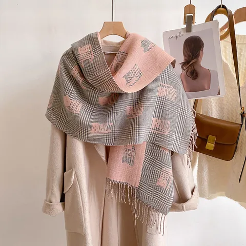 Sciarpa Donna Invernale Calda Imitazione Cashmere Motivo Gatto Carino Sciarpa a Quadri Doppio Lato Scialle Lungo Con Nappe