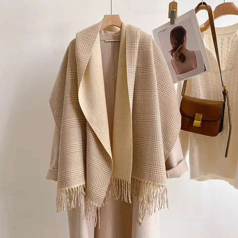 Dames Dubbelzijdige Geruite Imitatie Kasjmier Sjaal Winter Dikke Warme Omslagdoek Wrap Met Kwasten Zachte Hahnentritt Pashmina Voor Kantoor