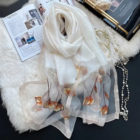 Écharpe Élégante en Mélange de Soie de Mûrier Femme Châle Brodé Tulipes Avec Perlage à la Main et Bordure Métallique pour Mariage
