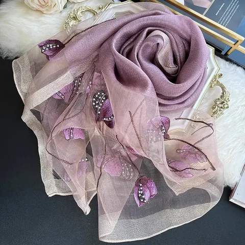 Écharpe Élégante en Mélange de Soie de Mûrier Femme Châle Brodé Tulipes Avec Perlage à la Main et Bordure Métallique pour Mariage