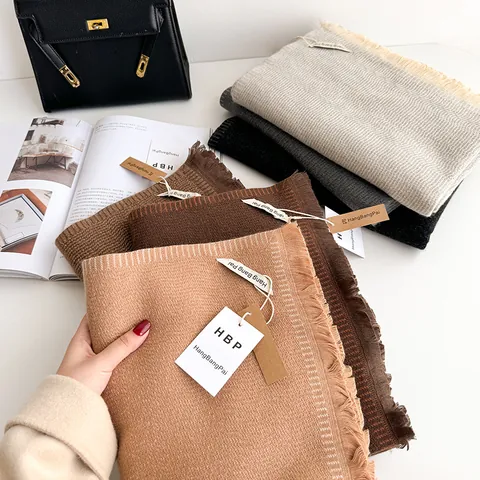 Unisex Solid Color Imitation Cashmere Scarf Autumn Winter Warm Large Shawl With Tassels Soft Viscose Polyester Wrap