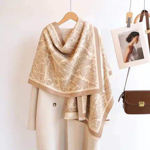 Vintage Stadtplan Muster Jacquard Schal Für Damen Verdickt Warm Winter Schultertuch Mit Quaste Elegant Retro Mode Wrap