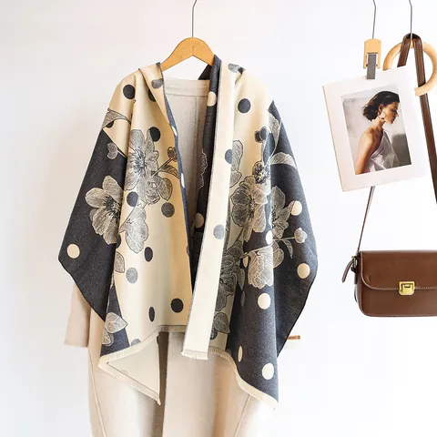 Elegant Floral Polka Dot Scarf Women Winter Thick Faux Cashmere Shawl Wrap Vintage Tassel Warm Neck Kerchief Lady Gift
