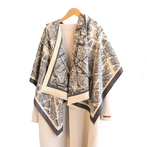 Vintage Stadtplan Muster Jacquard Schal Für Damen Verdickt Warm Winter Schultertuch Mit Quaste Elegant Retro Mode Wrap