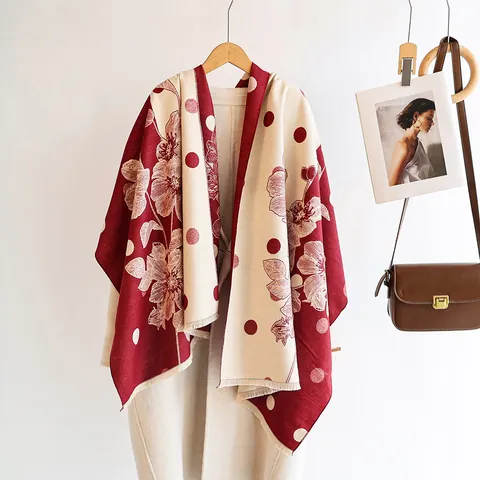Elegant Floral Polka Dot Scarf Women Winter Thick Faux Cashmere Shawl Wrap Vintage Tassel Warm Neck Kerchief Lady Gift