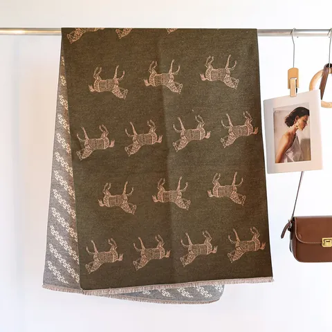 Women's Retro Horse Print Double Sided Jacquard Scarf Thick Warm Imitation Cashmere Shawl With Tassels Fall Winter Long Scarf