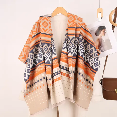 Sciarpa Doppia Faccia Motivo Maya Etnico Donna Boho Geometrico Scialle con Nappine Imitazione Cashmere Invernale Calda Grande