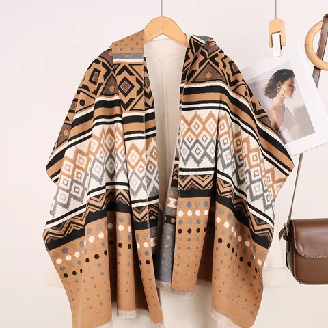 Sciarpa Doppia Faccia Motivo Maya Etnico Donna Boho Geometrico Scialle con Nappine Imitazione Cashmere Invernale Calda Grande