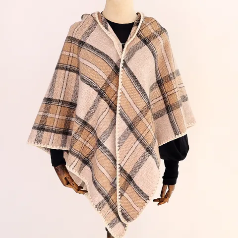 Women's Plaid Checkered Winter Warm Shawl Scarf Faux Cashmere Polyester Triangle Wrap Scalloped Edge Fashion Accessories