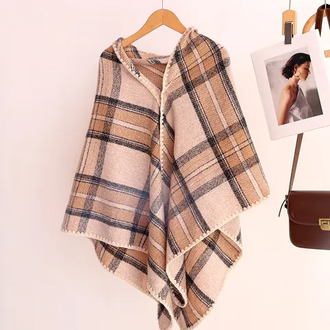 Women's Plaid Checkered Winter Warm Shawl Scarf Faux Cashmere Polyester Triangle Wrap Scalloped Edge Fashion Accessories