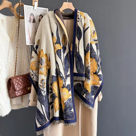 Elegante Sciarpa Lunga da Donna con Stampa Floreale di Giglio in Simil Cashmere Viscosa Scialle con Nappine Sciarpa Invernale Vintage