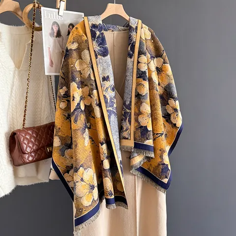 Damen Vintage Blumen Schal Schultertuch Viskose Polyester Winter Warm Jacquard Omslagdoek Mit Quasten Retro Elegant