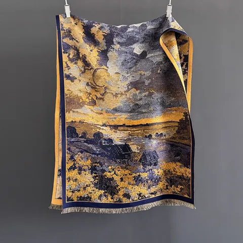 Sciarpa Jacquard Vintage Paesaggio Pittura a Olio Con Nappine Soffice Calda Effetto Cashmere Grande Scialle Donna Accessorio Invernale