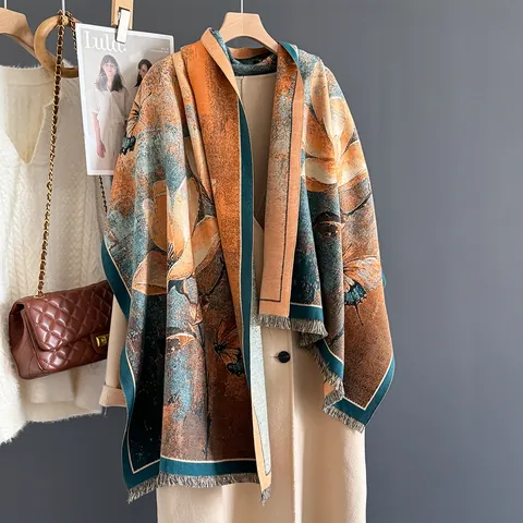 Vintage Bloem Vlinder Verdikte Sjaal Voor Dames Imitatie Kasjmier Warme Omslagdoek Winter Jacquard Kwastje Pashmina Accessoires