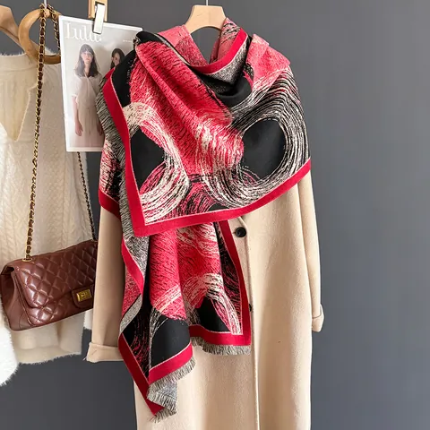 Dames Verdikte Warme Viscose Polyester Sjaal Abstract Geometrisch Cirkelpatroon Lange Omslagdoek Met Kwasten Wintermode