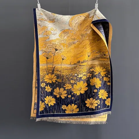 Sciarpa Calda da Donna con Motivo Margherita Vintage Scialle Jacquard con Nappe in Misto Viscosa Spessa Invernale Botanico Fiori