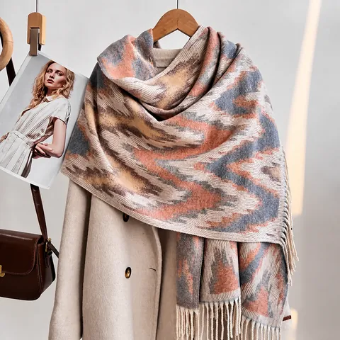 Women Ethnic Style Zigzag Pattern Scarf Shawl Imitation Cashmere Thickened Warm Geometric Wave Scarf With Tassels For Autumn Winter