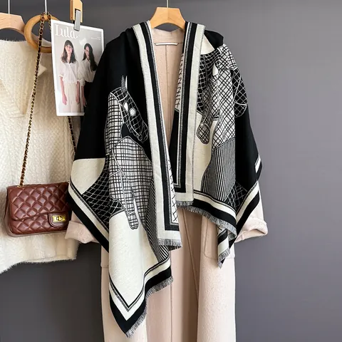 Vintage Horse Pattern Jacquard Scarf For Women Thick Warm Viscose Shawl Wrap With Tassels Grid Geometric Winter Scarf