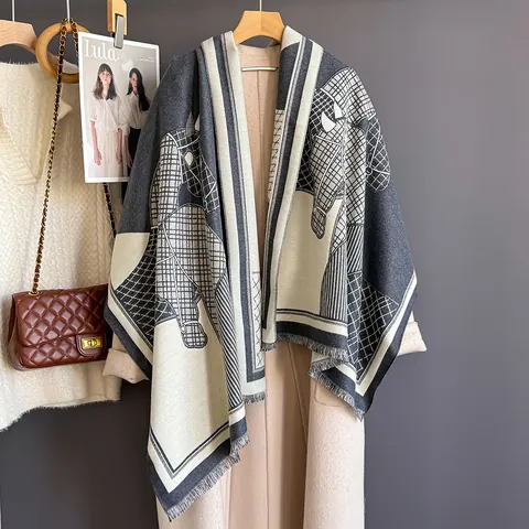 Vintage Horse Pattern Jacquard Scarf For Women Thick Warm Viscose Shawl Wrap With Tassels Grid Geometric Winter Scarf