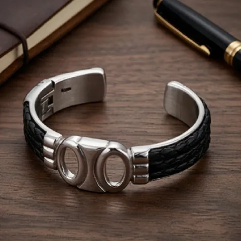 Brazalete Abierto de Acero Inoxidable con Cabeza de León para Hombre Cuero de Vaca Trenzado Retro de Doble Bucle Joyería Biker Regalo