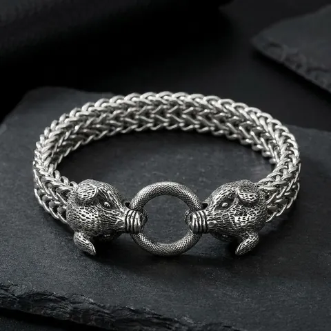 Vintage Animal Head Double Layer Braided Wheat Chain Bracelet For Men Antique Titanium Steel Punk Biker Jewelry Accessory