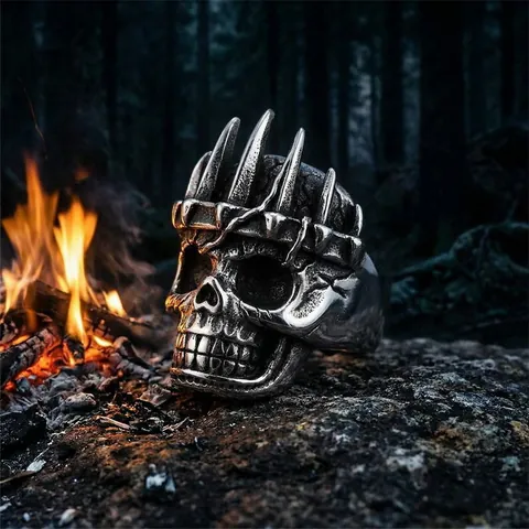 Skull Ring Titanium Steel Gothic Punk Rock Mens Jewelry Vintage Spiked Crown Biker Style Metal Band Accessories