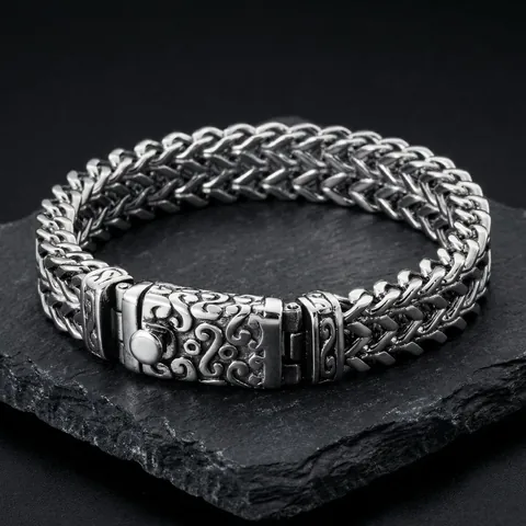 Stainless Steel Skull Bracelet Men Gothic Punk Keel Chain With Rhinestone Accent Polished Masculine Biker Jewelry