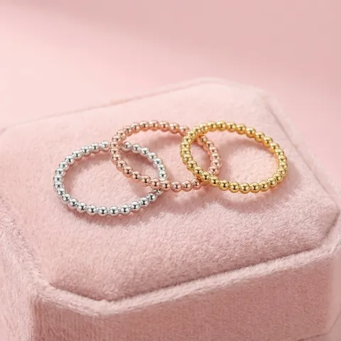 Minimalist Beaded Band Ring For Women 316L Stainless Steel 18K Gold Plated Stackable Polished Perlee Texture Jewelry Accessory