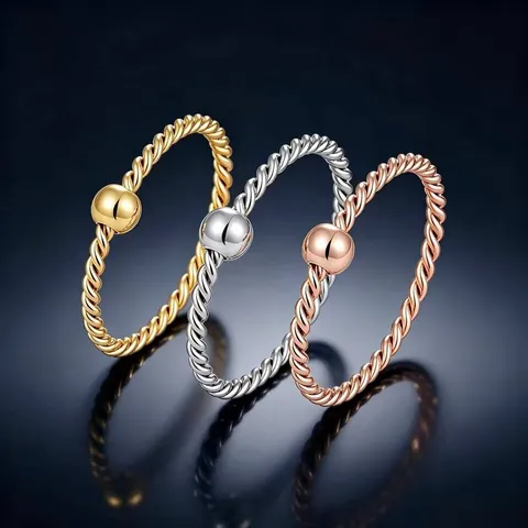 Elegant Titanium Steel Twisted Rope Ring For Women Minimalist 18K Gold Plated Band Ring With Metal Bead Fashion Versatile Finger Ring Jewelry