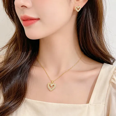 Hart Ketting En Oorbellen Sieraden Titaniumstaal Verguld Koper Baguette Zirkoon Met Zilveren Oorknopje